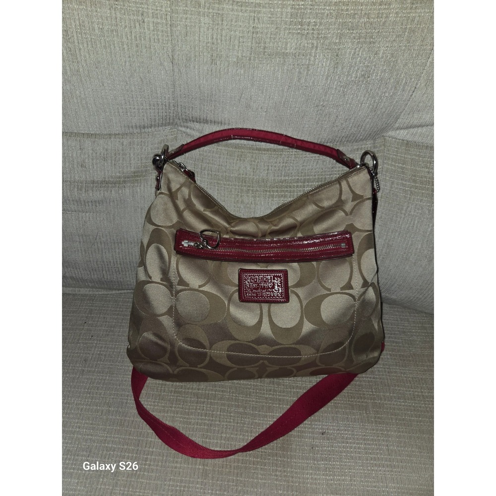 17. Coach Poppy Signature Khaki Red Metallic Sateen Hobo Bag F20064